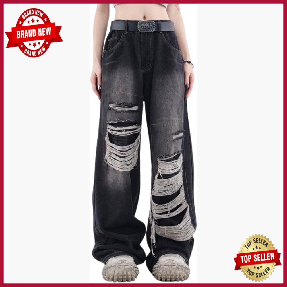 High Waisted Baggy Jeans Ripped Straight Leg Distressed Y2k Grunge